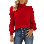 Dokotoo Womens Ladies Elegant Puff Long Sleeve High Neck Spring Summer Tops Turtleneck Chiffon Solid Pullover Shirts And Blouses For Women Casual Loose Shirts Red Small