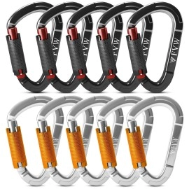 Fvw 10 Pack Auto Locking Rock Climbing Carabiner Clips, 25Kn (5620 Lbs) Heavy Duty Caribeaners For Rappelling Swing Rescue & Gym Etc, Large D-Shaped Carabiners, (Black*5, Silver*5)