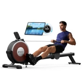 Rowing Machine, Merach Bluetooth Magnetic Rower Machine With Dual Slide Rail, 16 Levels Of Electromagnetic Resistance, Max 350Lb Weight Capacity, App Compatible, Rowing Machines For Home Use