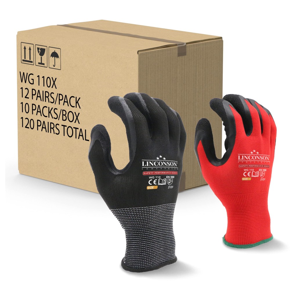 Linconson 12 Pack Safety Performance Series Construction Mechanics Work Gloves (M (120 Pairs), Black Red)