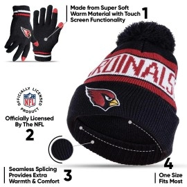 Ultra Game Nfl Mens Womens Super Soft Winter Beanie Knit Hat With Extra Warm Touch Screen Gloves, Arizona Cardinals, Team Color 1, One Size