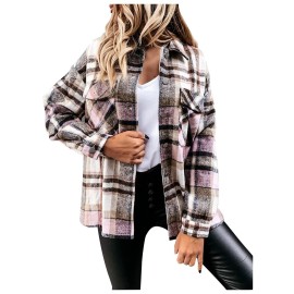 Shacket Jacket Women 2023 Fall Long Sleeve Coats Dressy Boyfriend Plaid Print Outerwear Classic Button Cardigan