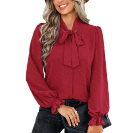 Acevog Button Down Shirts For Women Long Lantern Sleeve Blouses Bow Tie Neck Swiss Dot Tops Office Blouses Red, Small