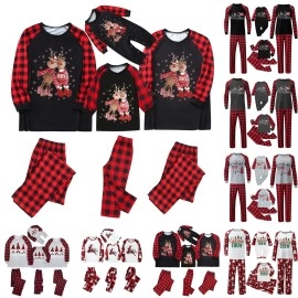 Nanniya Matching Christmas Family Pajamas Sets, Xmas Elk Reindeer Print Family Christmas Pjs Matching Sets Loungewear Outfits(B-Elk,Kids,5-6 Years)