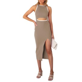Pink Queen Womens Summer Crew Neck Tank Sleeveless Hollow Out Slit Bodycon Ribbed Knit Midi Dress Khaki Xs