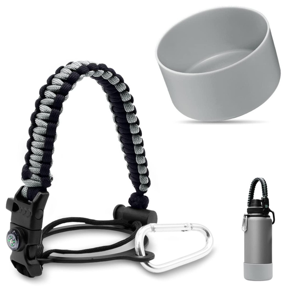 Affute Paracord Handle For Hydroflask Wide Mouth Bottles, With Safety Ring And Carabiner, Plus One Protective Silicone Sleeve, Best Value Set (12-24Oz, Grey)