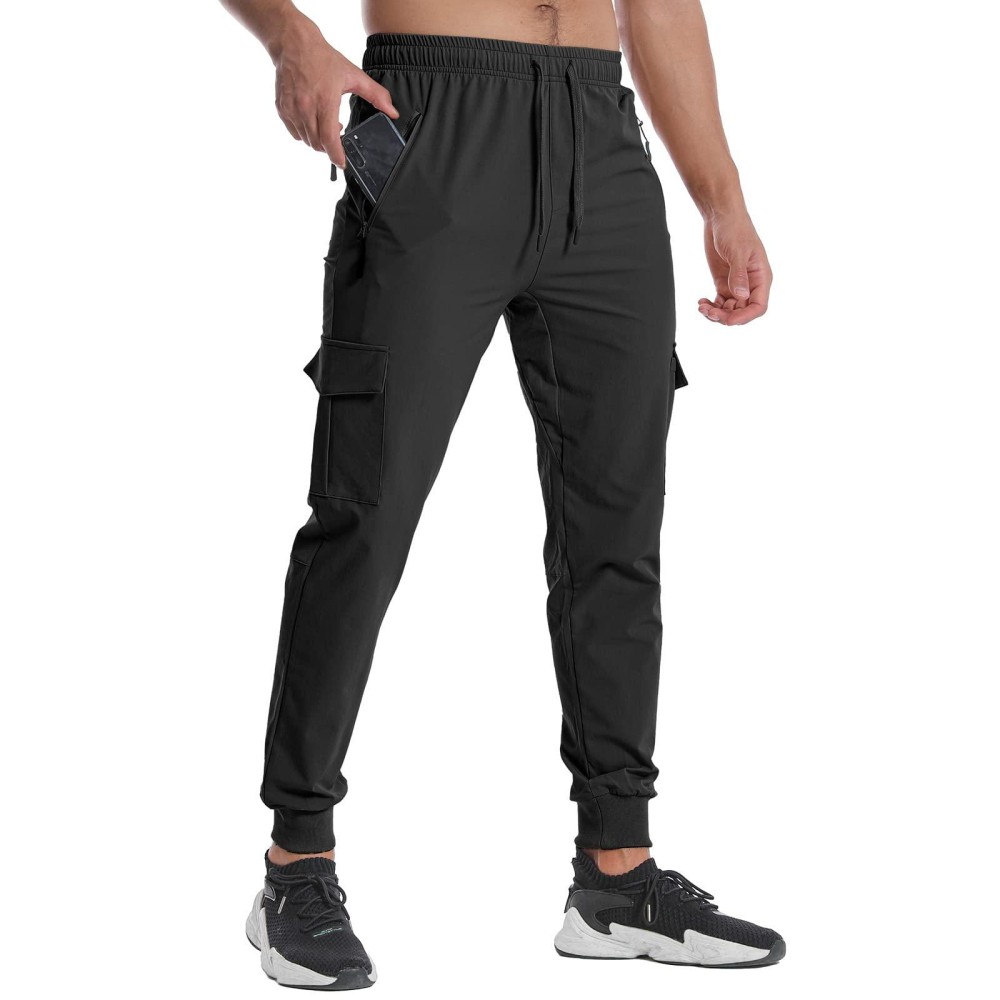 Canghpgin Mens Hiking Pants Quick Dry Golf Joggers With Pockets Slim Fit Cargo Pants Lightweight Track Workout Athletic Travel Black