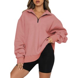 Blencot Women Half Zip Oversized Sweatshirts Long Sleeve Solid Color Drop Shoulder Fleece Workout Pullover Dark Pink S