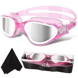 Win.Max Polarized Swimming Goggles Swim Goggles Anti Fog Anti Uv No Leakage Clear Vision For Men Women Adults Teenagers (Transparent Pink&White/Polarized Mirror/Silver Lens)