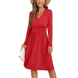 Grecerelle Womens Fall Dress, Wrap V-Neck Red Dress, Knee Length Casual Dresses For Women(Xx-Large, Red)