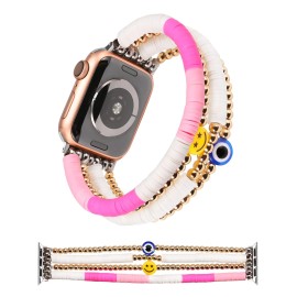 Toyouths Beaded Bracelet Compatible With Apple Watch Band Cute Stretch Girl Women Smile Evil Eye Stackable Clay Preppy Jewelry Band For Iwatch 49(Ultra)454442Mm Series Se 8 7 6 5 4 3 2 1, Xs Pink