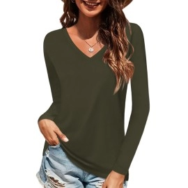 Elesomo Womens Long Sleeve T-Shirt Casual V-Neck Cotton Shirts Tops, Army Green Xl