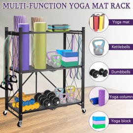 Exttlliy Yoga Mat Storage Rack Dumbbell Rack Weight Rack For Yoga Mat Dumbbells Foam Roller Kettlebells Resistance Bands And More Home Gym Storage Accessories Organization With Hooks And Wheels