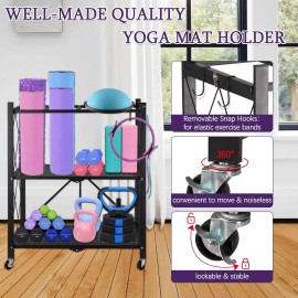 Exttlliy Yoga Mat Storage Rack Dumbbell Rack Weight Rack For Yoga Mat Dumbbells Foam Roller Kettlebells Resistance Bands And More Home Gym Storage Accessories Organization With Hooks And Wheels