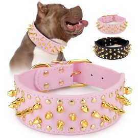 Wide Gold Spiked Dog Collar, Epesiri Dog Chain Collars, Mushroom Rivet Pu Leather Dog Collars, Adjustable Durable Spike Studded Pet Collar For Pitbull Mastiff Bulldog Pugs Husky Rottweiler