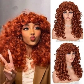 Annisoul Copper Curly Wigs For Black Women Long Curly Afro Wig With Bangs For Women Big Bouncy Fluffy Synthetic Fiber Glueless Hair For Cosplay And Daily