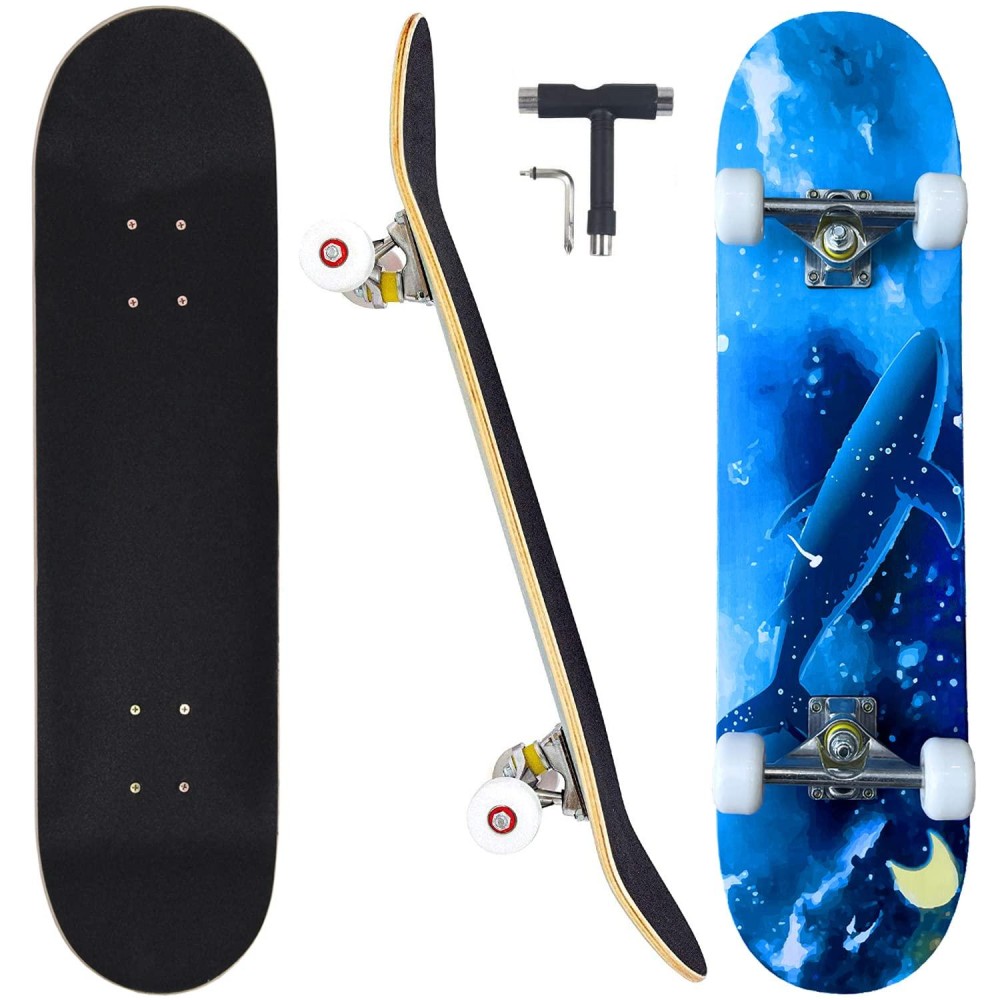 CAPARK Skateboards for Beginners Adults Youths Teens Kids Girls Boys 31 Inch Pro Complete Skate Boards 7 Layer Canadian Maple Double Kick Concave Longboards (Whale)