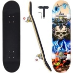 CAPARK Skateboards for Beginners Adults Youths Teens Kids Girls Boys 31 Inch Pro Complete Skate Boards 7 Layer Canadian Maple Double Kick Concave Longboards (Skull)