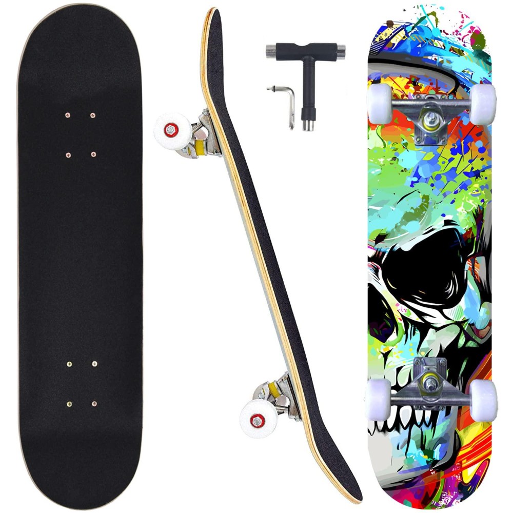 CAPARK Skateboards for Beginners Adults Youths Teens Kids Girls Boys 31 Inch Pro Complete Skate Boards 7 Layer Canadian Maple Double Kick Concave Longboards (Colorful Skull)
