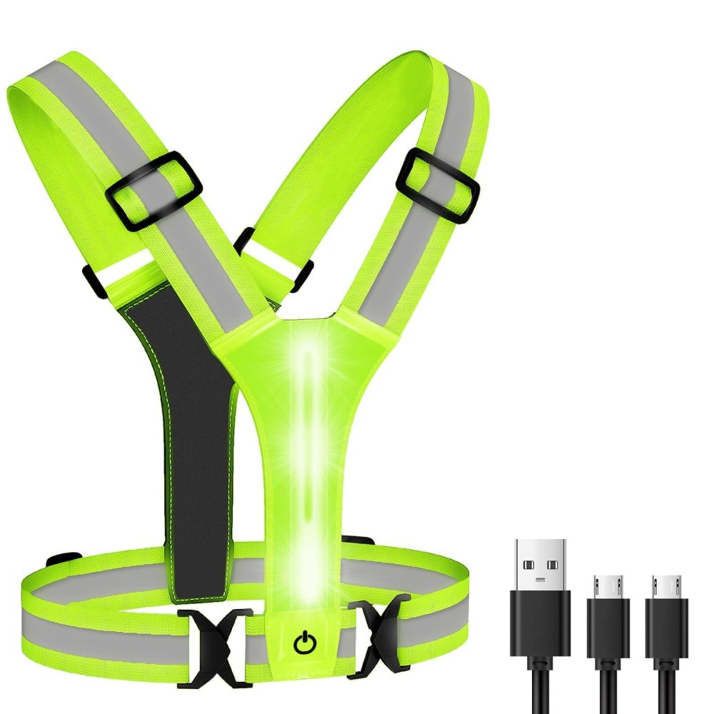 Conkrian Led Reflective Vest Usb Rechargeable Running Gear Night Light Up Vest Safety Gear Adjustable Elastic Size Night Running Led Ves For Men/Women/Child (Green-B)