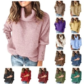 Fall Sweaters For Women 2022 Turtleneck Knit Chunky Sweater Button Long Sleeve Pullover Solid Warm Jumper