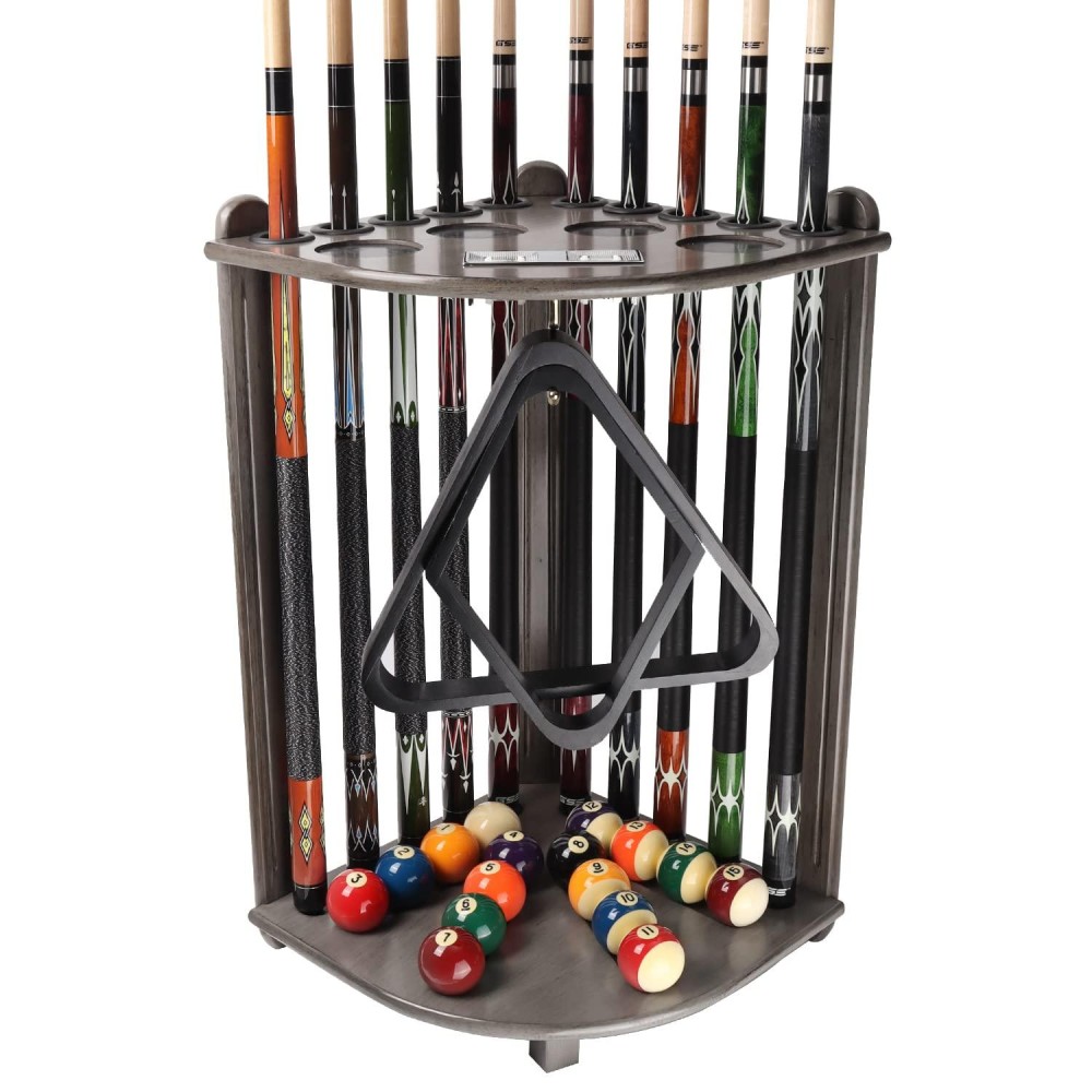Gse Billiards Pool Stick Holder Only, Corner-Style Floor Stand Billiard Pool Cue Racks With Score Counters, Wood Billiard Cue Sticks Holds 10 Cue Sticks 2 Ball Racks And A Full Set Of Balls (Silver Mist)