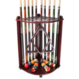 Gse Billiards Pool Stick Holder Only, Corner-Style Floor Stand Billiard Pool Cue Racks With Score Counters, Wood Billiard Cue Sticks Holds 10 Cue Sticks 2 Ball Racks And A Full Set Of Balls (Mahogany)