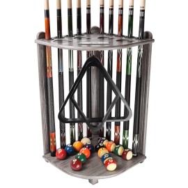 Gse Billiards Pool Stick Holder Only, Corner-Style Floor Stand Billiard Pool Cue Racks With Score Counters, Wood Billiard Cue Sticks Holds 10 Cue Sticks 2 Ball Racks And A Full Set Of Balls (Grey)
