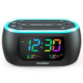 Housbay 3 In 1 Alarm Clock For Bedrooms- Clock Radio Night Light, Rainbow Digit, Dual Alarm, Small Radio Alarm Clock For Kids, Teens