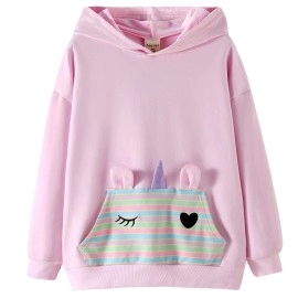 Julerwoo Girls Cotton Sweatshirts Hoodie Unicorn Stripe Pocket Tops 78Y,Pink Purple