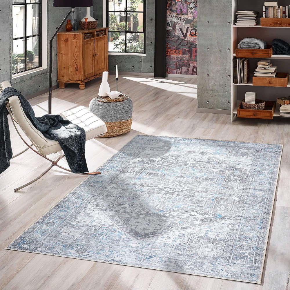 Gln Rugs Stain Resistant Machine Washable Area Rug - Vintage Persian Boho Distressed Aesthetic - Non-Slip Backing - Indoor Floor Home Decor For Bedroom Kitchen Living & Dining Room (6 X 9)