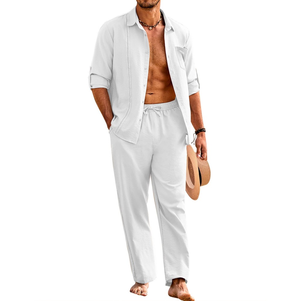 Coofandy Mens Linen Yoga Outfits Casual Button Down Shirts With Pocket And Loose Pants All White Outfits For Men