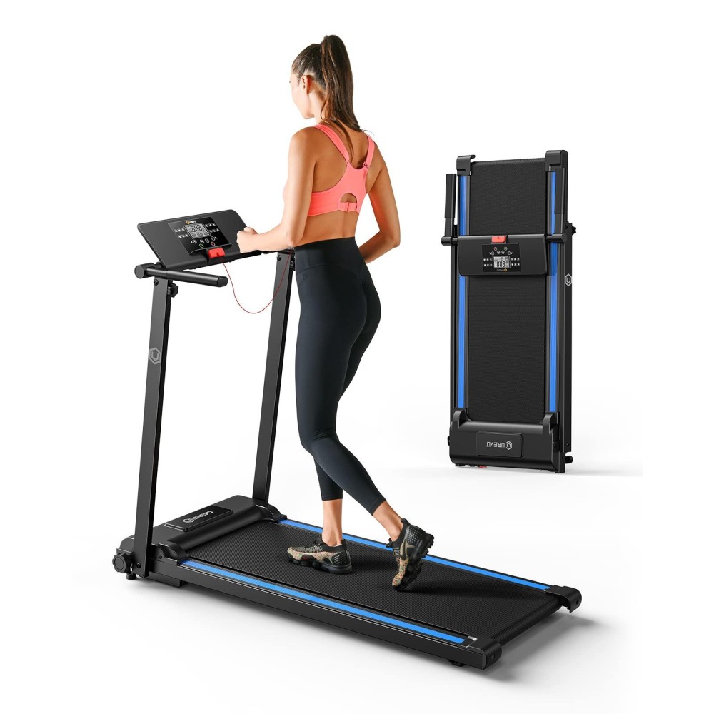 Urevo Folding Treadmill, 2.25Hp Treadmills For Home With 12 Hiit Modes, Compact Mini Treadmill For Home Office, Space Saving Small Treadmill With Large Running Area, Lcd Display, Easy To Fold (Blue)