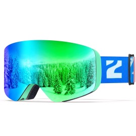 Zionor X11Mini Kids Ski Goggles - Cylindrical Snowboard Snow Goggles For Boys Girls Child Youth, Uv Protection Anti-Fog Helmet Compatible (Vlt 14 Green Frame Greyrevogreen Lens)