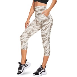 We Fleece Capri Leggings With Pockets For Women - Buttery Soft Non See Through Yoga Pants High Waist Tummy Control Workout Athletic Pants (Grey Camo(Two Pockets), Small-Medium
