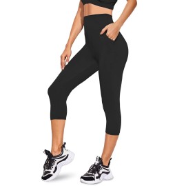 We Fleece Capri Leggings With Pockets For Women - Buttery Soft Non See Through Yoga Pants High Waist Tummy Control Workout Athletic Pants (Black(Two Pockets), Small-Medium