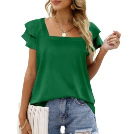 Ofeefan Womens Green Tshirts Square Neck Ruffles Sleeve Tshirts Loose Fit Tops Plus 3Xl