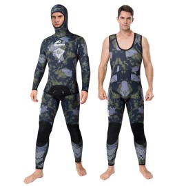 Owntop Mens Camo Spearfishing Wetsuits - 3Mm Neoprene Camouflage Hooded Scuba Diving Suit Two-Pieces Snorkeling Suit, L