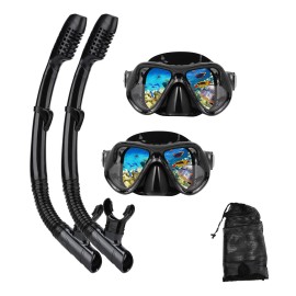 Dipuki Snorkeling Gear For Adults Snorkel Mask Set Scuba Diving Mask Dry Snorkel Swimming Glasses Swim Dive Mask Nose Cover Youth Free Diving (Black+Black(2 Pack))