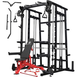 Major Lutie Smith Machine With Weight Bench, Sml07 1600Lbs Power Cage With Weight Bar And Two Lat Pull-Down Systems And Cable Crossover Machine, Exercise Machine Attachment Black (2023 Upgrade)