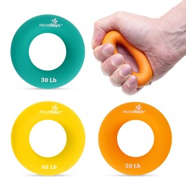 Moverays Hand Grip Strengthener, Forearm, Fingers Exerciser - Silicone Rings For Muscle Training, Sports, Rock Climbing, Fitness - Teal Yellow Orange