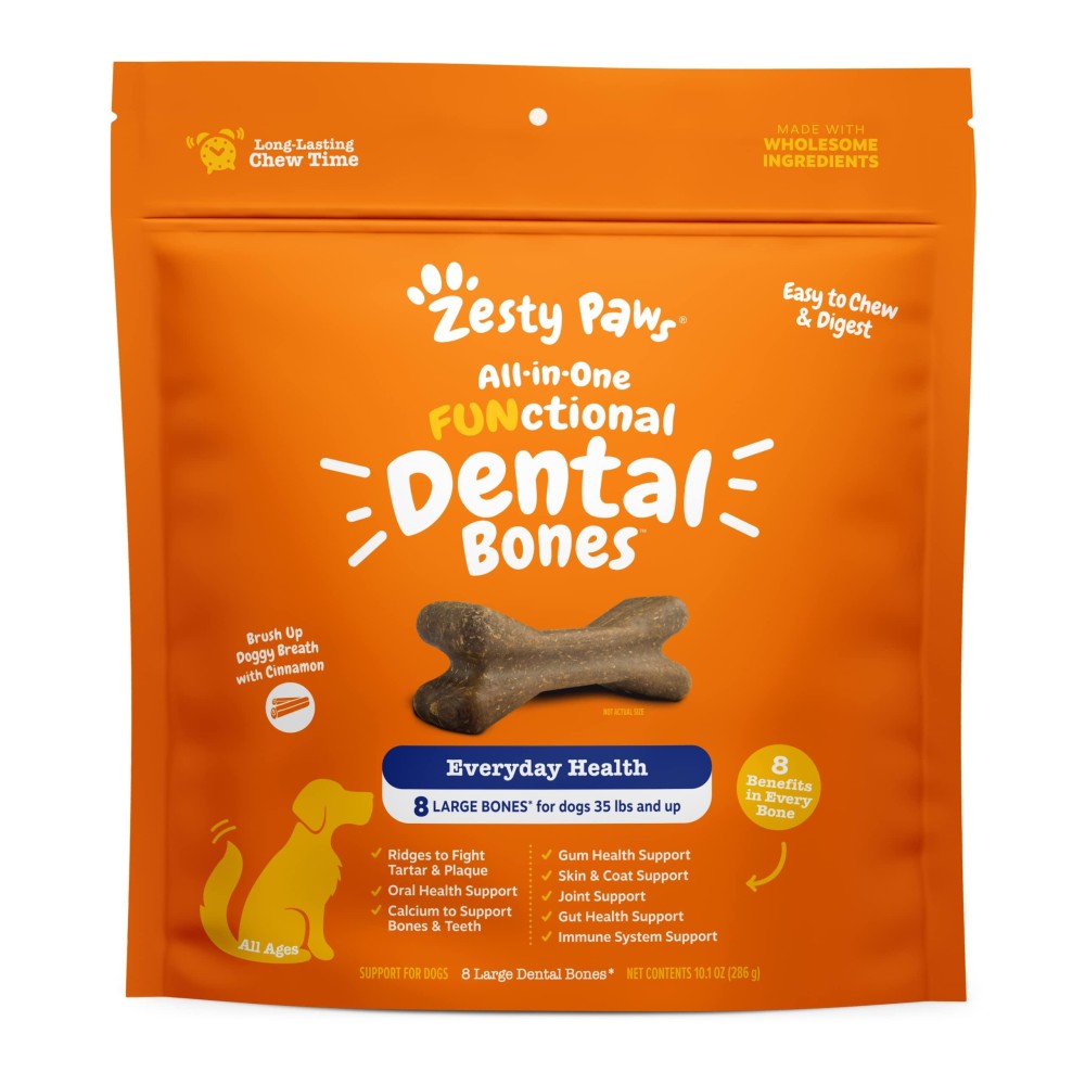 Zesty Paws Dental Bones For Large Dogs - Fights Tartar Plaque - Gum, Teeth Bone Health - Cinnamon For Dog Breath - Immune, Joint, Gut, Skin Coat Support - Omega 3 Epa Dha And Calcium - 8 Cta