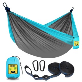 Szhlux Camping Hammock Double & Single Portable Hammocks With 2 Tree Straps And Attached Carry Bag,Great For Outdoor,Indoor,Beach,Camping,Light Grey/Sky Blue