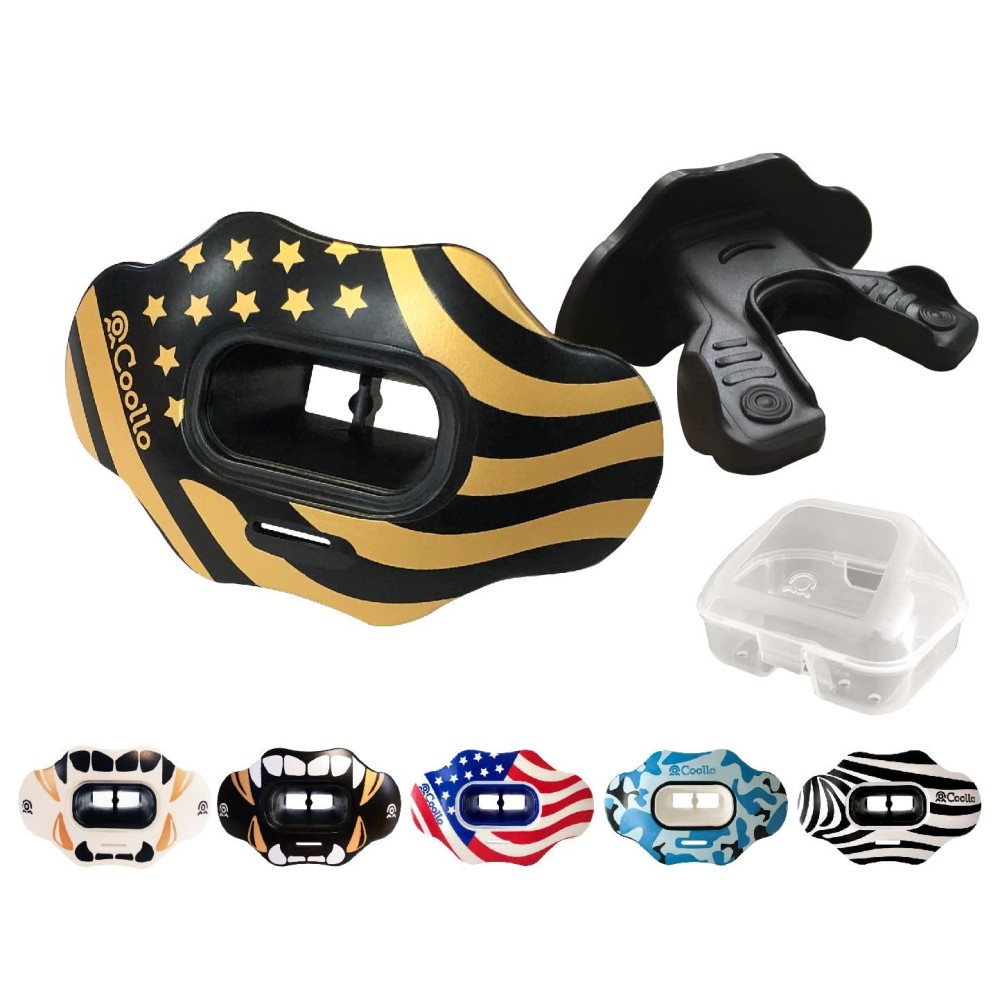 Coollo Sports Lip Guard Mouthguard Maxx/Might Football And High Impact Sports Lip Protector For Adults & Youth (Strap Included) (American Flag -Gold -(One Layer), With Case (Adult 8+))