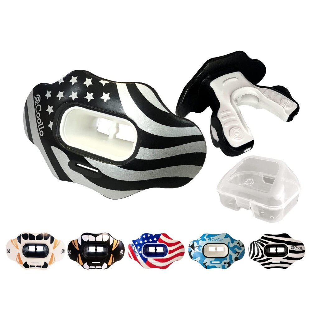 Coollo Sports Lip Guard Mouthguard Maxx/Might Football And High Impact Sports Lip Protector For Adults & Youth (Strap Included) (American Flag -Silver -(Two Layers), With Case (Adult 8+))