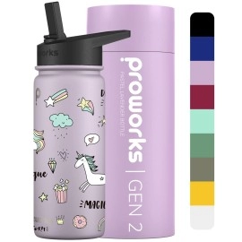 Proworks Gen 2 Insulated Water Bottles With Straw Lid 540Ml Stainless Steel Water Bottle, 24 Hours Cold & 12 Hours Hot Drinks, Metal Leakproof Flask For Gym, Travel Pastel Lavender Be Unique Unicorn