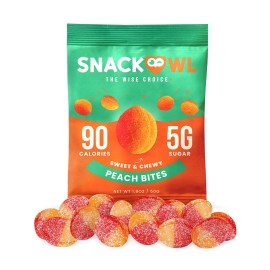 Snack Owl Vegan Sour Gummy Candy - Gluten Free, Low Calorie Candy - Guilt Free Delicious Healthy Gummy Snacks - (Peach Bites)