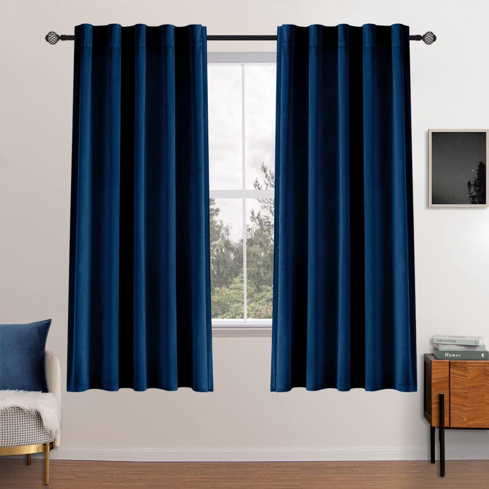 Miulee Velvet Curtains 63 Inch Length - Luxury Blackout Curtains For Bedroom Living Room Thermal Insulated Super Soft Window Drapes Rod Pocket & Back Tab, Navy Blue, W52 X L63 Inches, 2 Panels