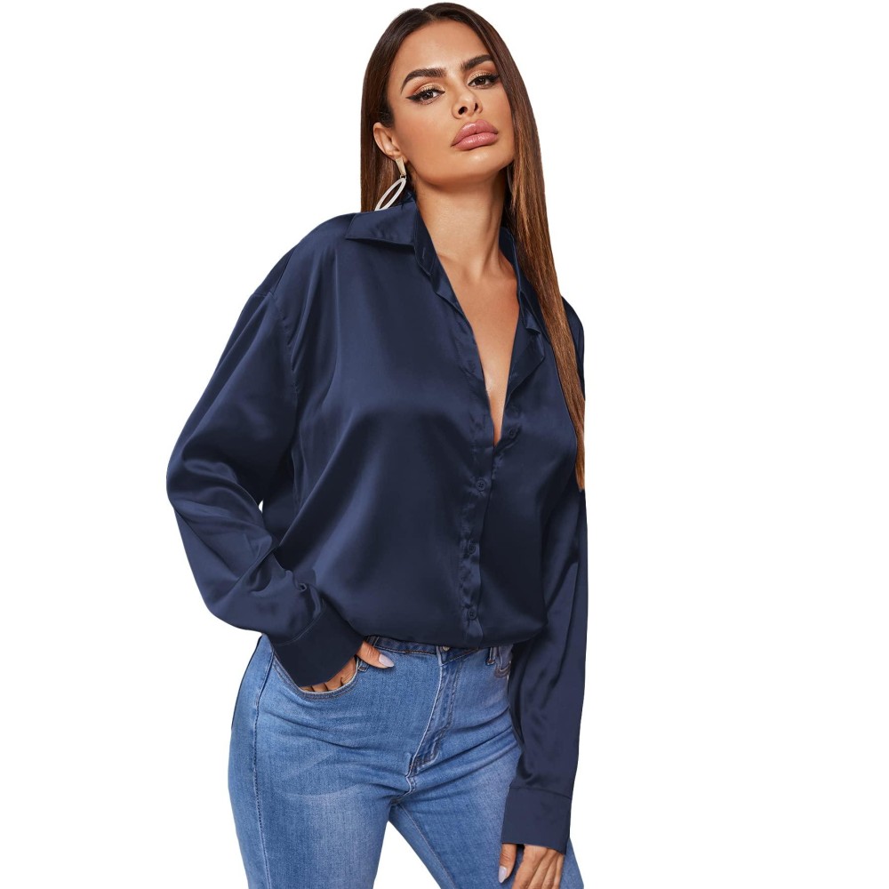 Soly Hux Womens Satin Silk Long Sleeve Button Down Shirt Formal Work Blouse Top Pure Navy Blue Satin Silk Xl