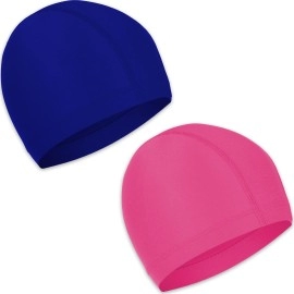 2 Pcs Elastic Swim Caps Comfortable Non-Slip Fabric Swimming Hat Lightweight Bathing Caps For Women Men Kids To Swimming (Lake Blue, Rose Pink)